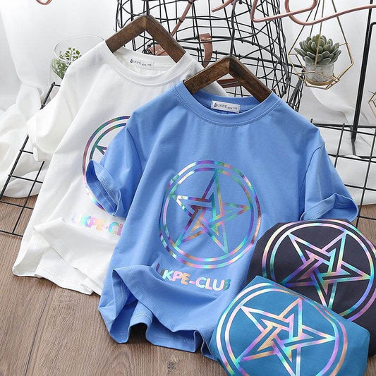 Boys'' Short Sleeve T-shirt Net Red Laser Reflective Cub Children''s Top Fashion - Classy Collective