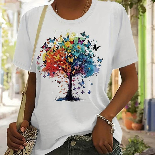 Women's Vibrant Butterfly & Tree Graphic T-Shirt - Breathable Round Neck Short Sleeve Tee, Soft Casual Summer Top - Classy Collective
