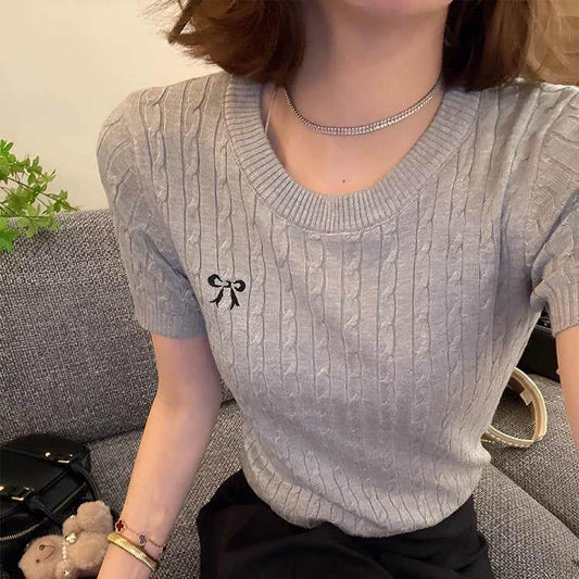 All-matching Pullover Bow Embroidery Twist Knitted Short Sleeve - Classy Collective