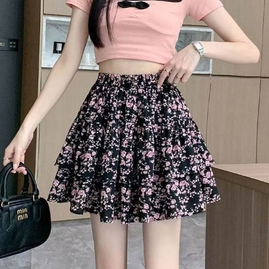 French Style Vintage And Little Fresh Cherry Floral A- Line Skirt - Classy Collective