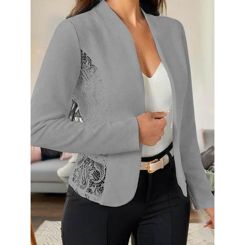 Women's Casual Lace Contrast Open Front Cardigan Jacket Long Sleeve Work Office Suit - Classy Collective