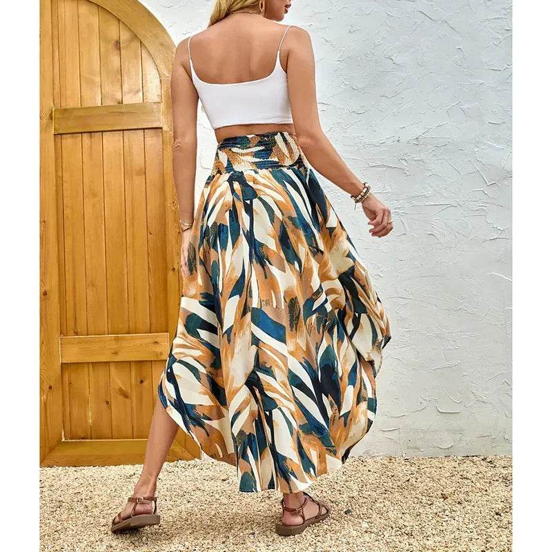 Women's High Elastic Waist Midi Skirt Casual Summer Trendy Tie Front Flowy Floral Print Beach Long Skirt - Classy Collective