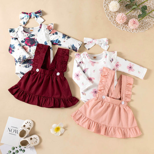 Printed Long-sleeved Baby Girl Romper Two-color Strap Ruffled Dress Headdress Three Pieces - Classy Collective