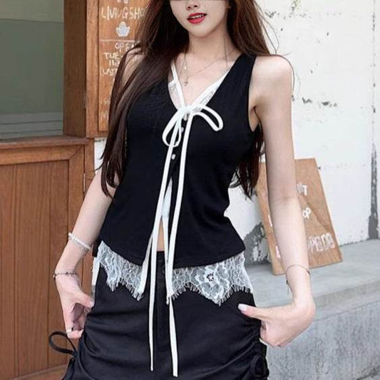 Camisole Vest Outer Wear Black Hot Girl Niche Chic Lace Fake Two-piece Sleeveless Top - Classy Collective