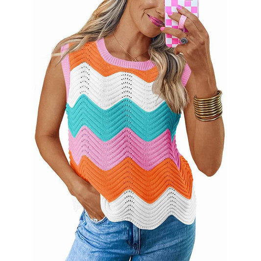 Womens Summer Rainbow Striped Sweater Vest Sleeveless Knit Crew Neck Color Block Going Out Cropped Tank Top - Classy Collective