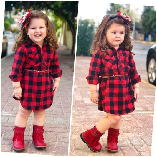 Fashion Girls Long Red Plaid Dress With Belt - Classy Collective