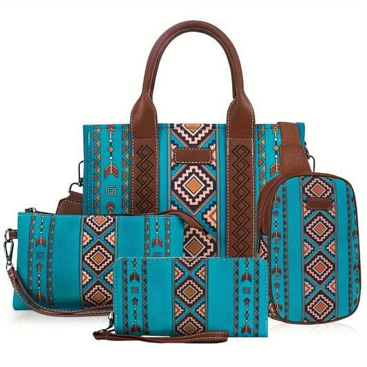 4Pcs Women's Purse Tote, Retro Work Satchel Lightweight, Boho Chic Tote Everyday Green - Classy Collective