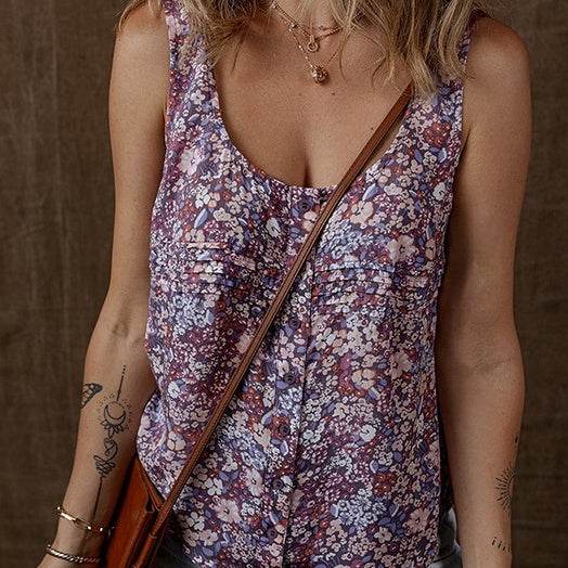 Pleated U-neck Vest Women's Printed Sleeveless Top - Classy Collective