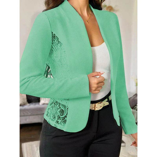 Women's Casual Lace Contrast Open Front Cardigan Jacket Long Sleeve Work Office Suit - Classy Collective