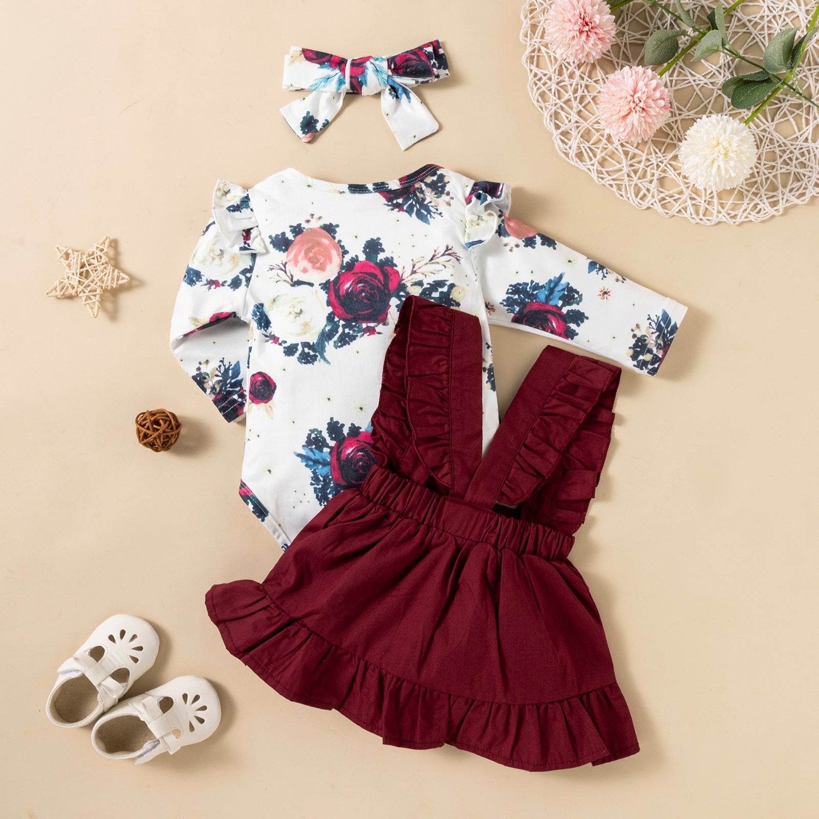 Printed Long-sleeved Baby Girl Romper Two-color Strap Ruffled Dress Headdress Three Pieces - Classy Collective
