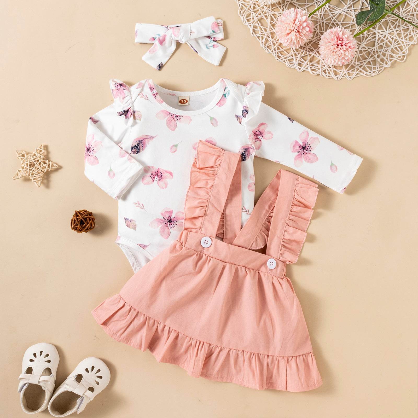 Printed Long-sleeved Baby Girl Romper Two-color Strap Ruffled Dress Headdress Three Pieces - Classy Collective