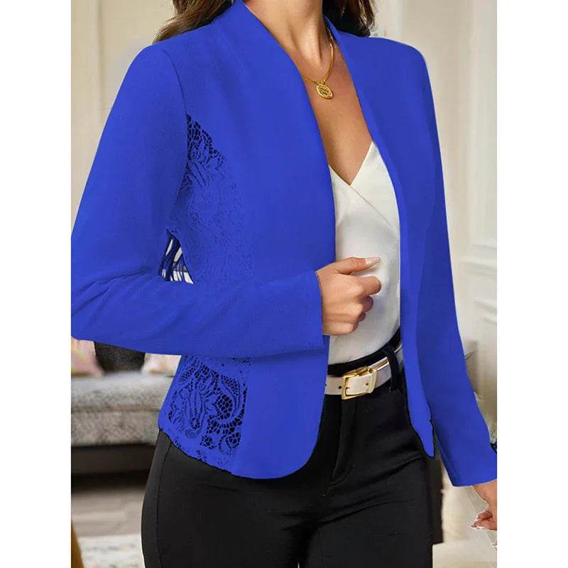 Women's Casual Lace Contrast Open Front Cardigan Jacket Long Sleeve Work Office Suit - Classy Collective