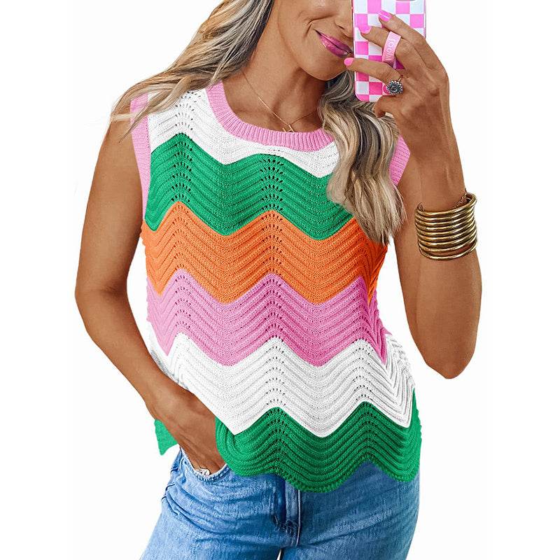 Womens Summer Rainbow Striped Sweater Vest Sleeveless Knit Crew Neck Color Block Going Out Cropped Tank Top - Classy Collective
